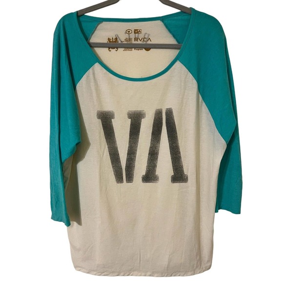 RVCA Tops - RVCA Women's Raglan 3/4 Sleeve Seafoam Green & Cream Logo T-Shirt - Size Medium